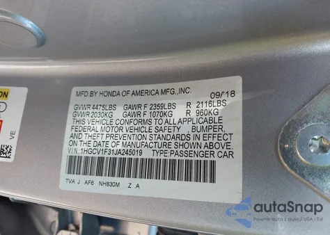 2018 Honda Accord Sport из США, поврежденный, VIN 1HGCV1F31JA245019